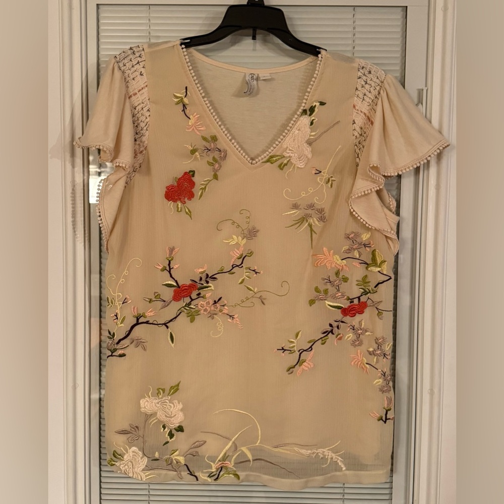 Women's Sheer Embroidered Flutter Sleeve V Neck Large